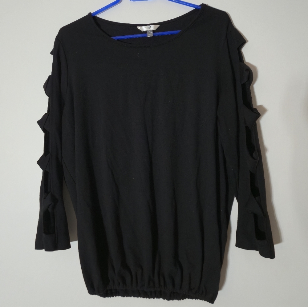 Terra & Sky 1X Black Lattice Sleeve Bubble Hem Top Plus Size 16W-18W Stretch - Picture 2 of 11